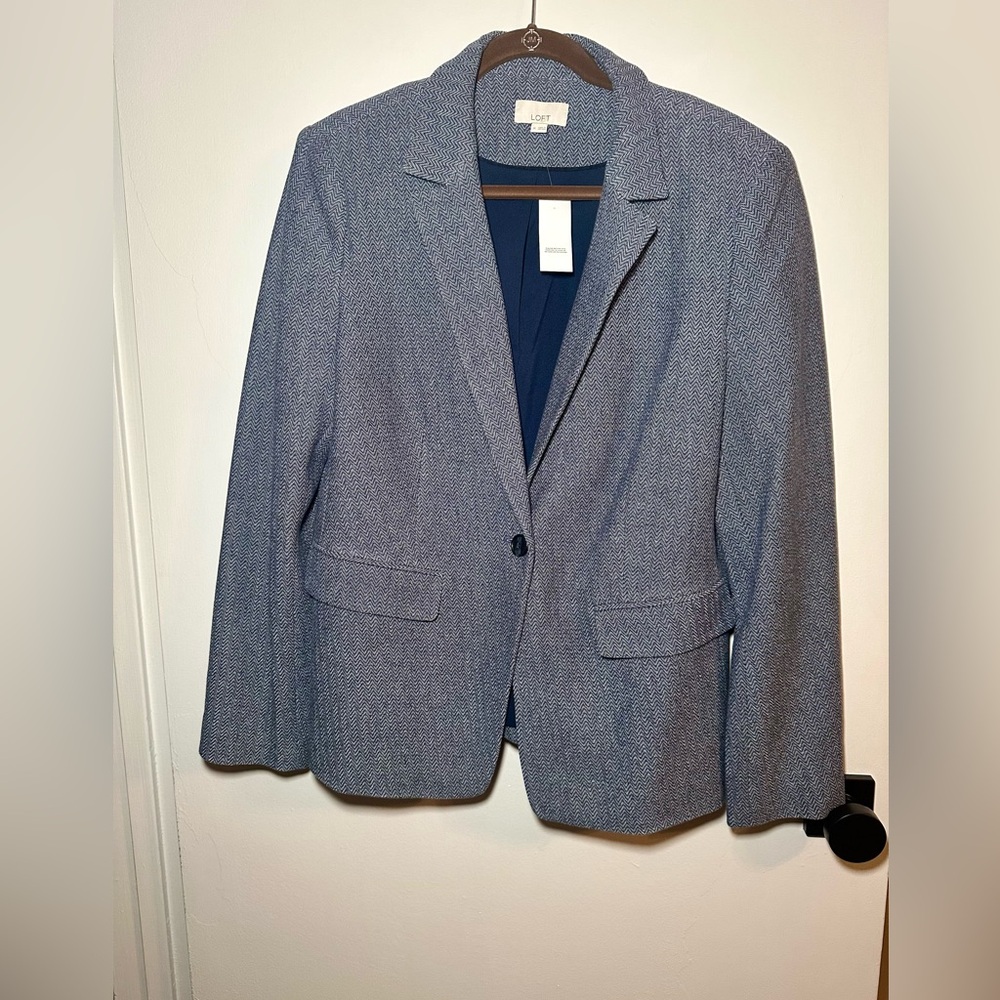 NWT Loft blue and cream Herringbone Knit Blazer Size 14